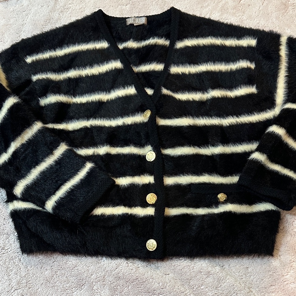J. Crew Fuzzy Black and White Striped Cardigan